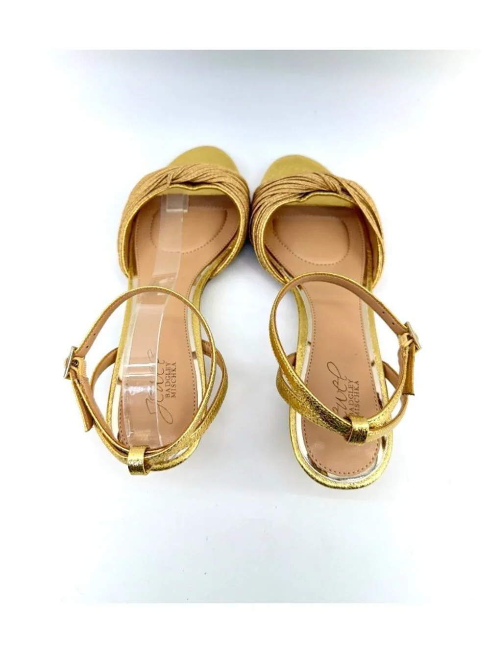 Jewel Badgley Mischka Nance Ankle Strap Golden Kitten Heel Sandals Women Sz 8.5